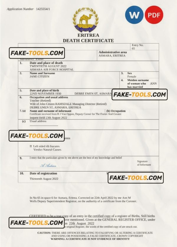 Eritrea vital record death certificate Word and PDF template