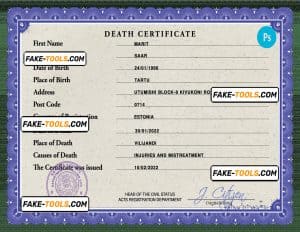 Estonia death certificate PSD template, completely editable
