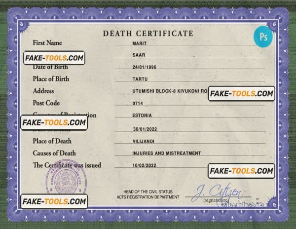 Estonia death certificate PSD template, completely editable