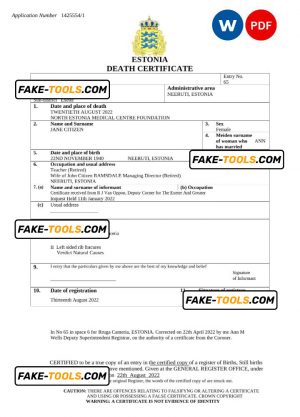 Estonia death certificate Word and PDF template, completely editable