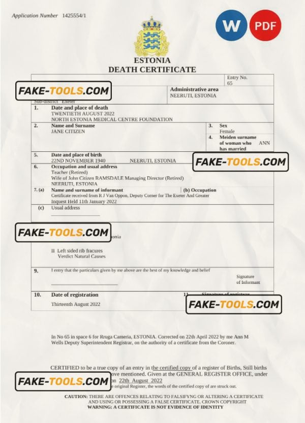 Estonia death certificate Word and PDF template, completely editable