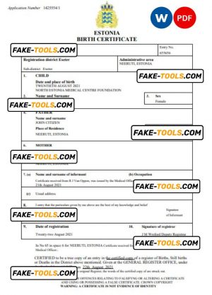 Estonia vital record birth certificate Word and PDF template, completely editable