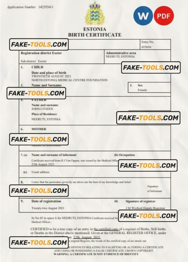 Estonia vital record birth certificate Word and PDF template, completely editable