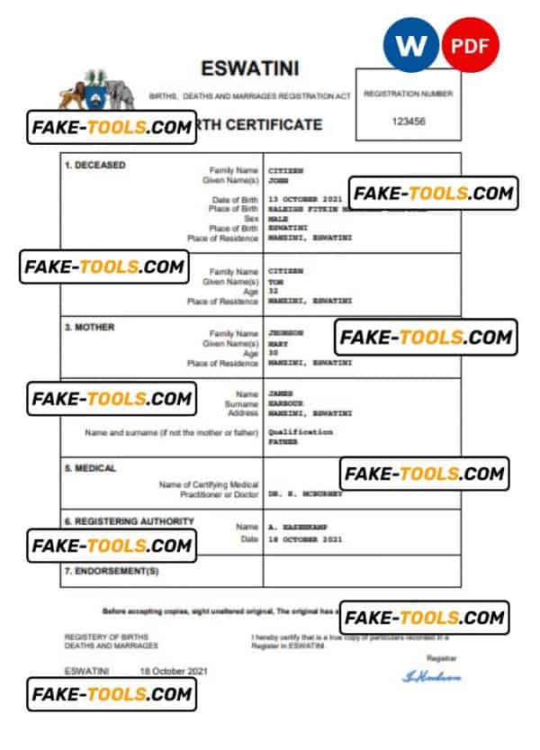 Eswatini birth certificate Word and PDF template, completely editable