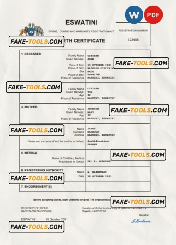 Eswatini birth certificate Word and PDF template, completely editable