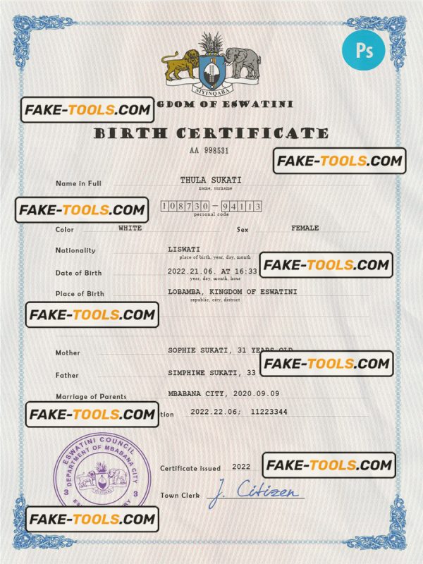 Eswatini vital record birth certificate PSD template, completely editable