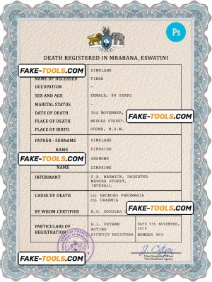 Eswatini vital record death certificate PSD template, completely editable