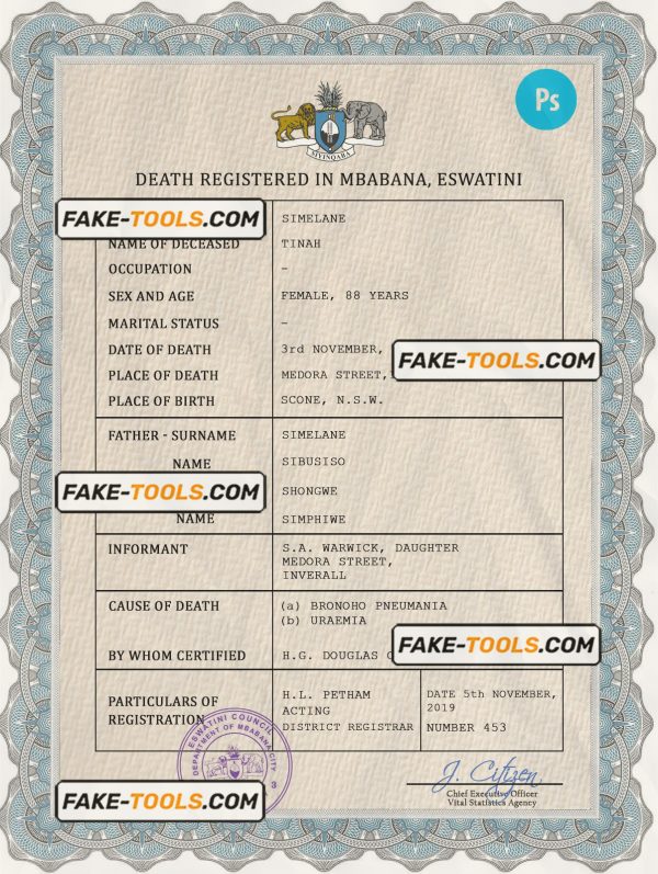 Eswatini vital record death certificate PSD template, completely editable
