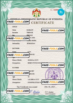 Ethiopia birth certificate PSD template, completely editable