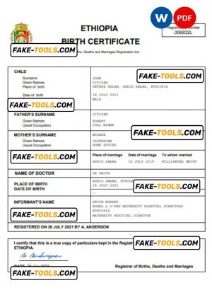 Ethiopia vital record birth certificate Word and PDF template, completely editable