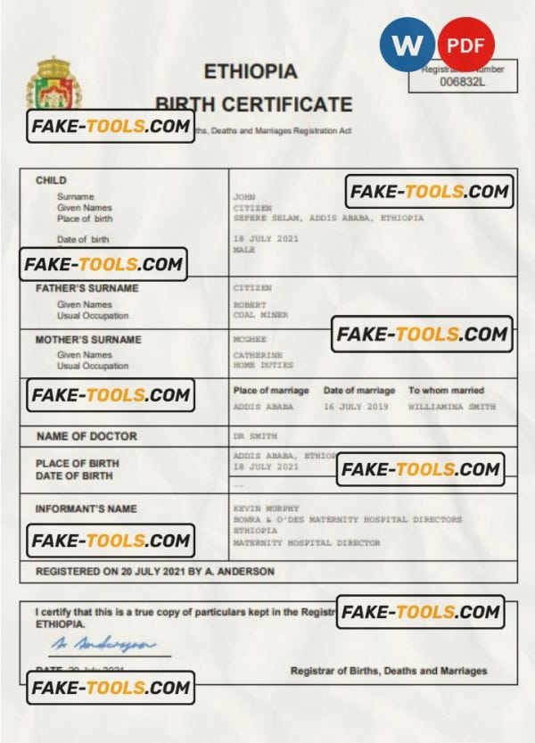 Ethiopia vital record birth certificate Word and PDF template, completely editable