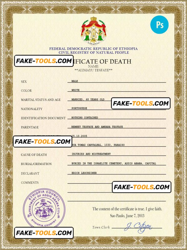 Ethiopia vital record death certificate PSD template