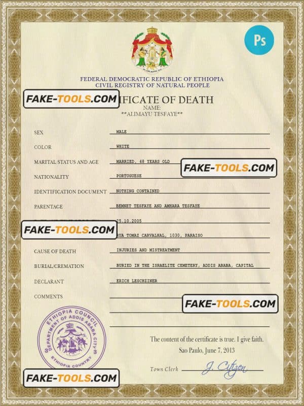 Ethiopia vital record death certificate PSD template