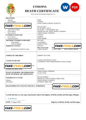 Ethiopia vital record death certificate Word and PDF template