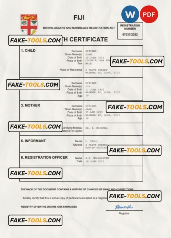 Fiji birth certificate Word and PDF template, completely editable