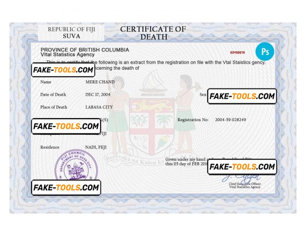 Fiji death certificate PSD template, completely editable