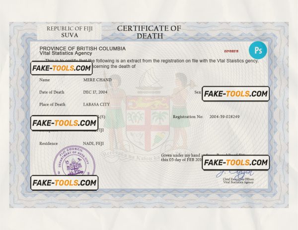 Fiji death certificate PSD template, completely editable