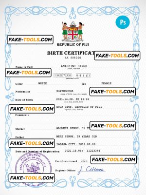 Fiji vital record birth certificate PSD template, fully editable