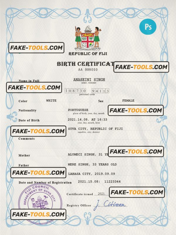 Fiji vital record birth certificate PSD template, fully editable