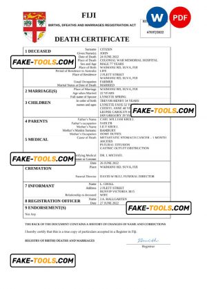 Fiji vital record death certificate Word and PDF template
