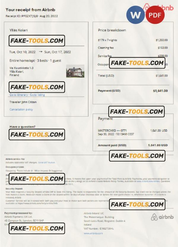Finland Airbnb booking confirmation Word and PDF template scan effect