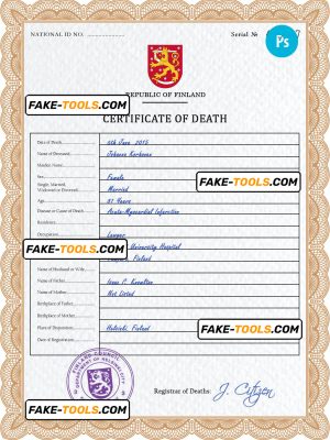 Finland death certificate PSD template, completely editable