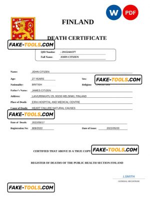 Finland death certificate Word and PDF template, completely editable