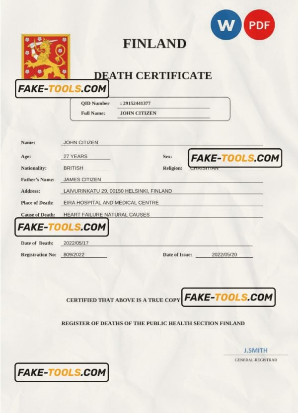 Finland death certificate Word and PDF template, completely editable