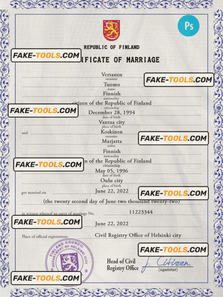 Finland marriage certificate PSD template, fully editable fake tools
