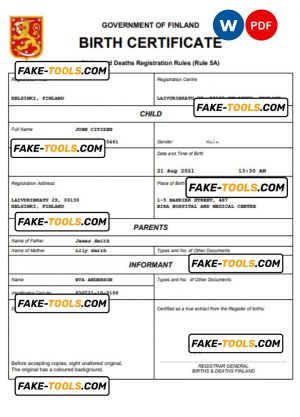 Finland vital record birth certificate Word and PDF template, completely editable