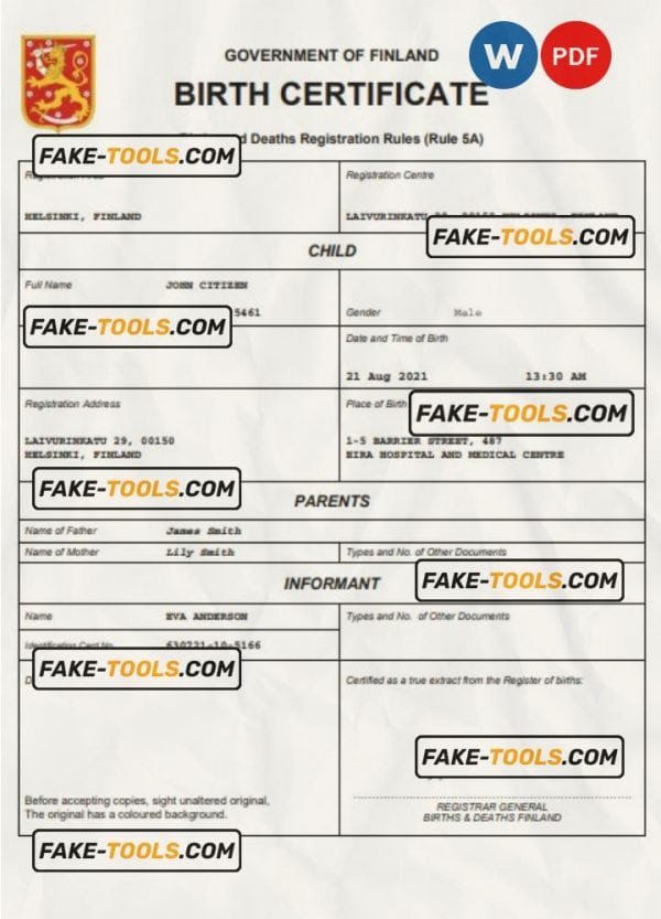 Finland vital record birth certificate Word and PDF template, completely editable