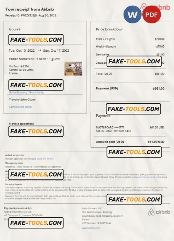 France Airbnb booking confirmation Word and PDF template scan effect