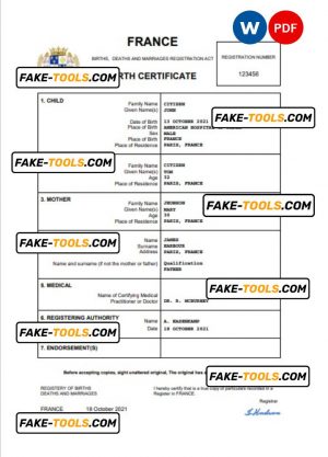 France birth certificate Word and PDF template, completely editable