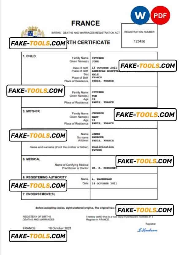 France birth certificate Word and PDF template, completely editable