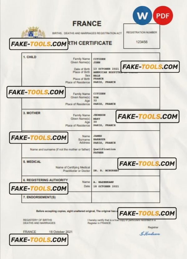 France birth certificate Word and PDF template, completely editable