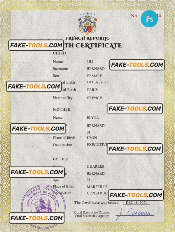 France vital record birth certificate PSD template, completely editable