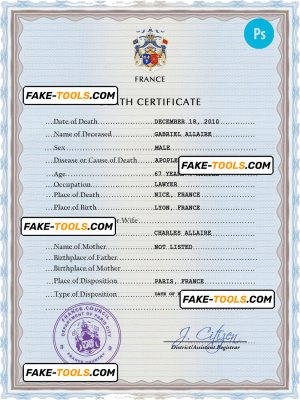 France vital record death certificate PSD template, completely editable