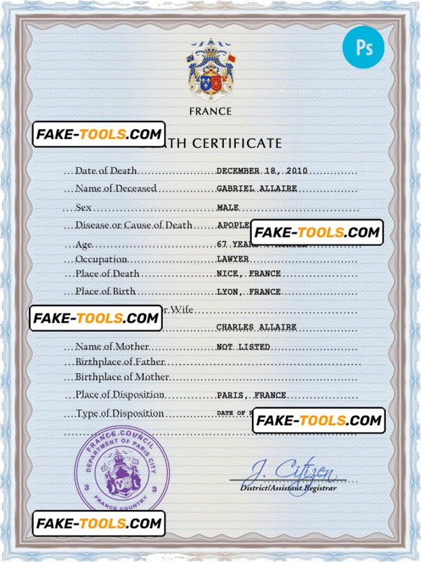 France vital record death certificate PSD template, completely editable
