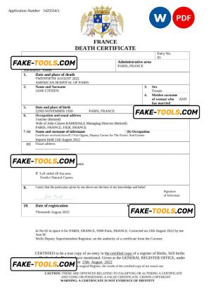France vital record death certificate Word and PDF template