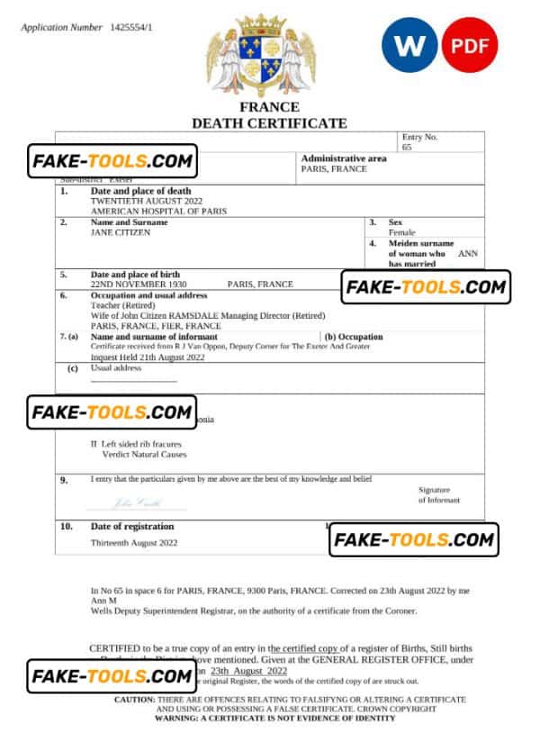 France vital record death certificate Word and PDF template