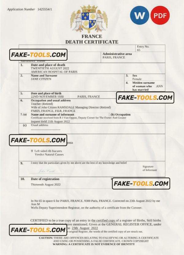 France vital record death certificate Word and PDF template