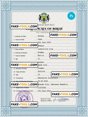 Gabon birth certificate PSD template, completely editable