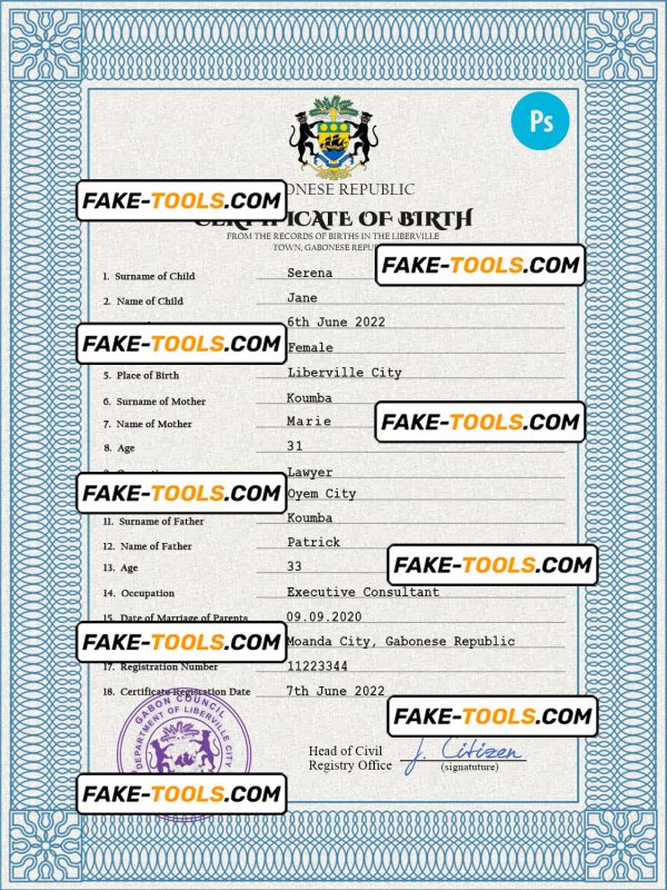 Gabon birth certificate PSD template, completely editable