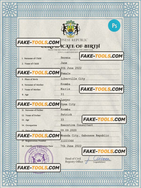 Gabon birth certificate PSD template, completely editable