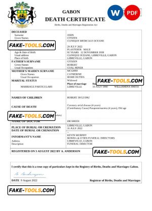 Gabon death certificate Word and PDF template, completely editable