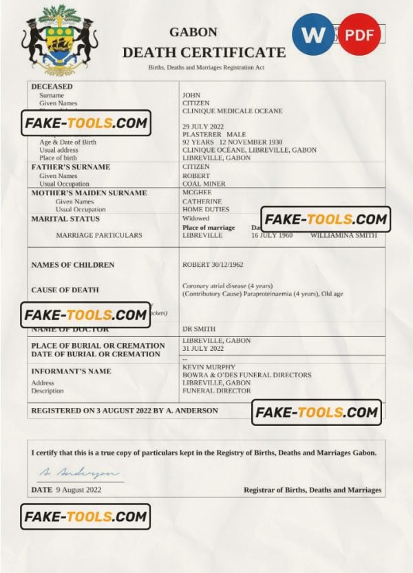 Gabon death certificate Word and PDF template, completely editable