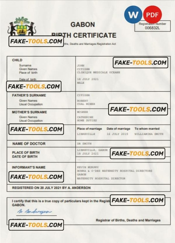Gabon vital record birth certificate Word and PDF template, completely editable