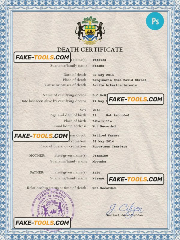 Gabon vital record death certificate PSD template