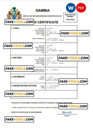 Gambia birth certificate Word and PDF template, completely editable