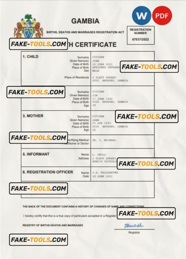 Gambia birth certificate Word and PDF template, completely editable